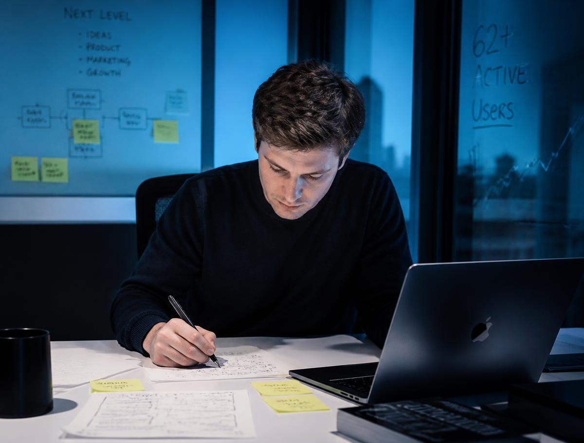 Founder planning a new venture late at their desk