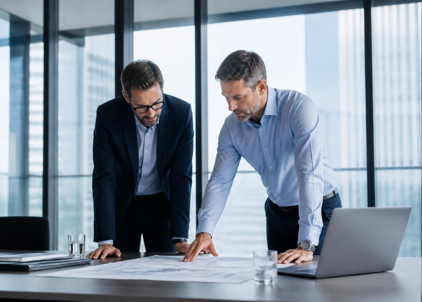 Two business partners reviewing an expansion plan together